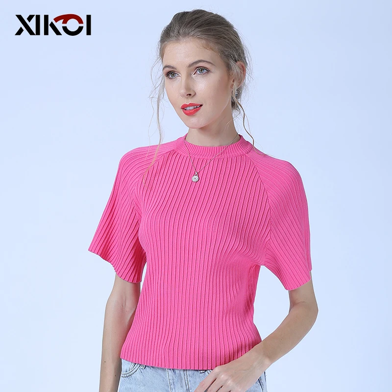 XIKOI Rainbow-colored Vertical Striped Shirt Round Neck Short-sleeved Close-fitting Sweater | Женская одежда