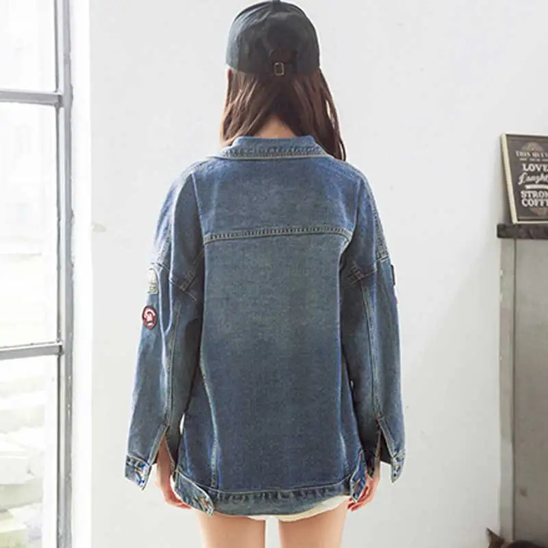 Женская джинсовая куртка с аппликацией Fionto винтажная свободная длинным рукавом