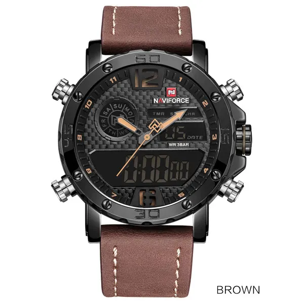 Brown Модные часы NAVIFORCE, мужские, люксовый бренд, кварцевые наручные часы, мужские, повседневные, кожа, 30 м, водонепроницаемые, двойной дисплей, Relogio Masculino - Цвет: Brown
