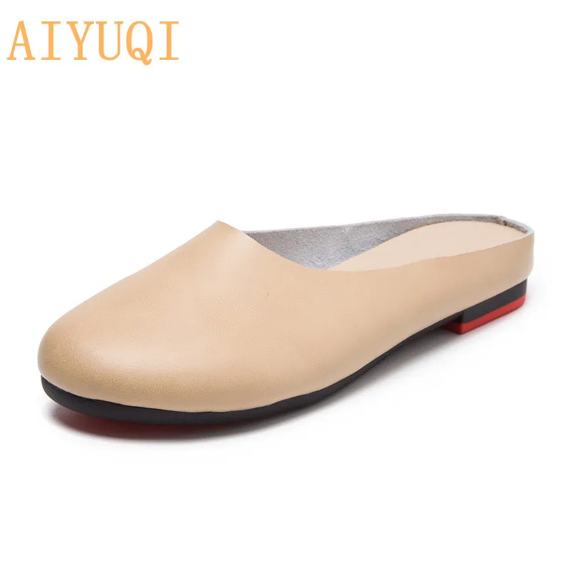 beige AIYUQI/женские тапочки; Новинка года; сезон весна; женская обувь из натуральной кожи; большие размеры 41, 42, 43; повседневные летние женские тапочки на плоской подошве - Цвет: beige