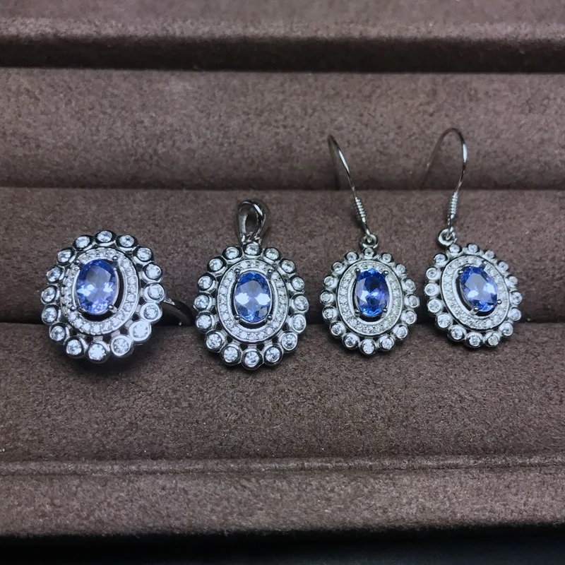

KJJEAXCMY exquisite jewelry 925 pure silver inlaid natural Tanzania female rings Pendant Earrings 4 sets