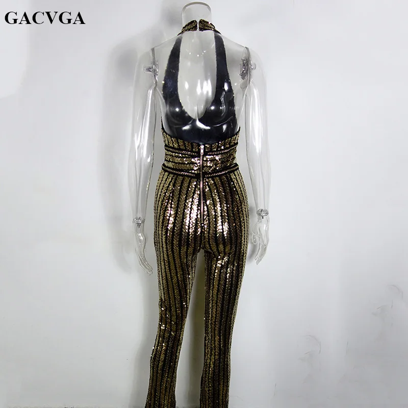 

GACVGA 2019 Gold Sequin Jumpsuit Romper Women Sexy Bodysuit V Neck Striped Bodycon Jumpsuit Sexy Party Playsuit