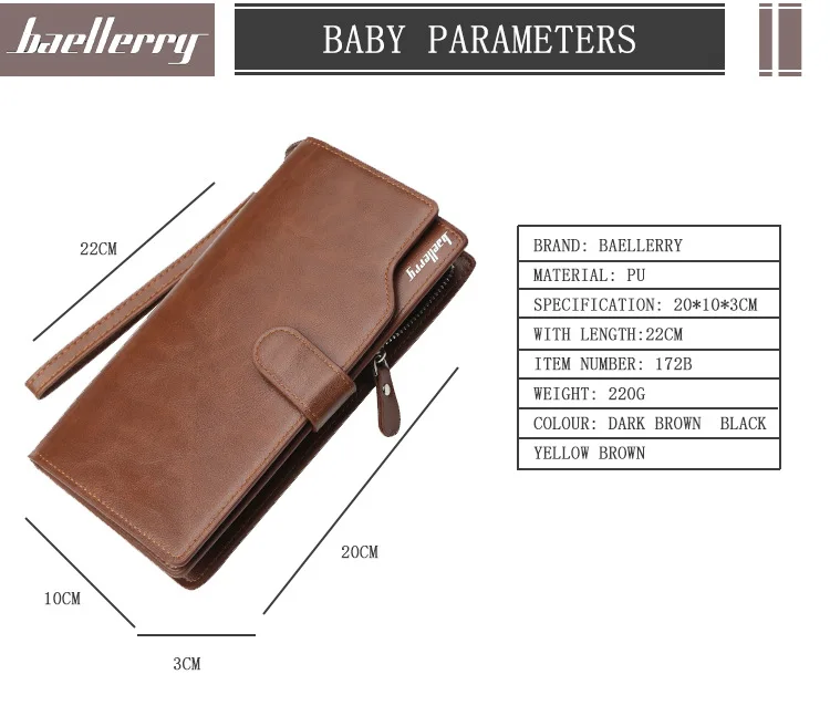 Мужские кошельки baellerry, длинный дизайн, держатель для карт, кожа, качественная Обложка для паспорта, Модный повседневный многофункциональный мужской кошелек на молнии