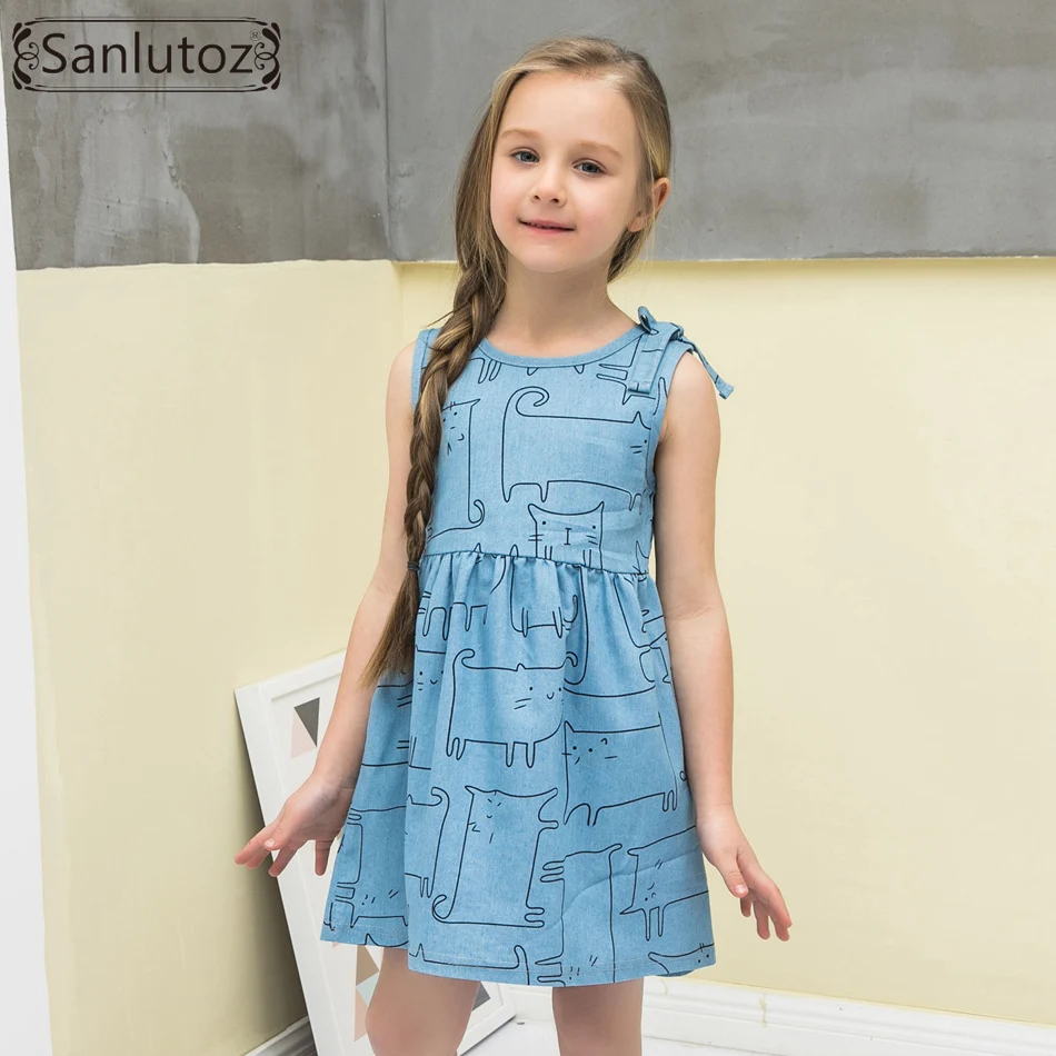 Джинсовая одежда для девочек sanluusb детское Хлопковое платье с котом малышей