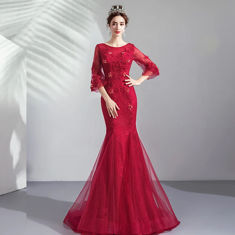 Elegant Burgundy Evening Dresses Three Quarter Length Sleeves Formal Party Gowns Mermaid Style Wedding | Свадьбы и торжества