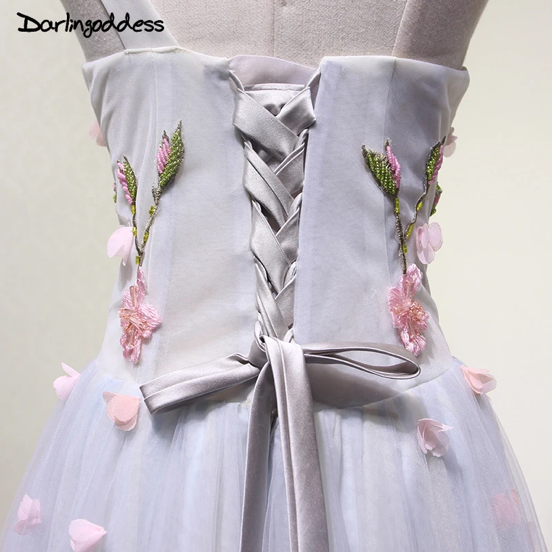 Элегантное серое сексуальное длинное вечернее платье с объемными цветами и