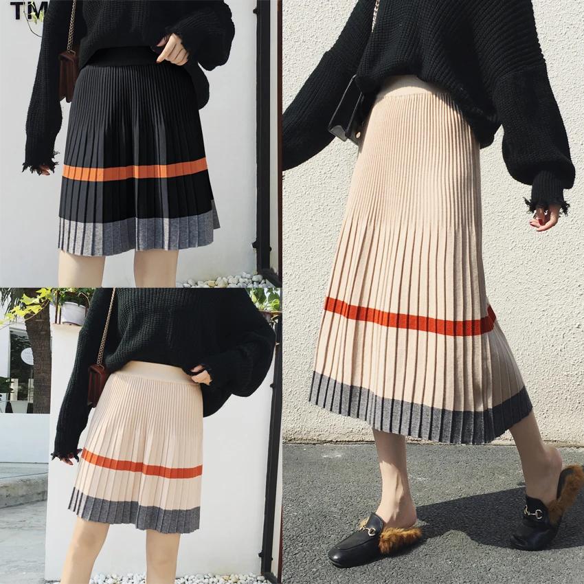 Повседневная трикотажная юбка средней длины в полоску женская плиссированная