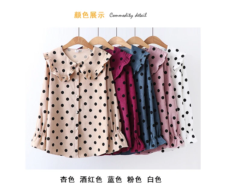 Blusas Femininas Япония Mori girl Блузка с оборками для женщин кукольный воротник в горошек Топы и блузки вельветовые свободные рубашки