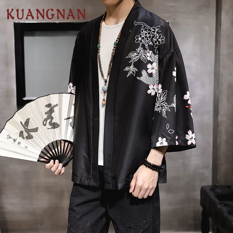 KUANGNAN Вишневый Карп принт кимоно для мужчин японское кимоно кардиган Harajuku кимоно рубашка Мужская Уличная Мужская гавайская рубашка 5XL
