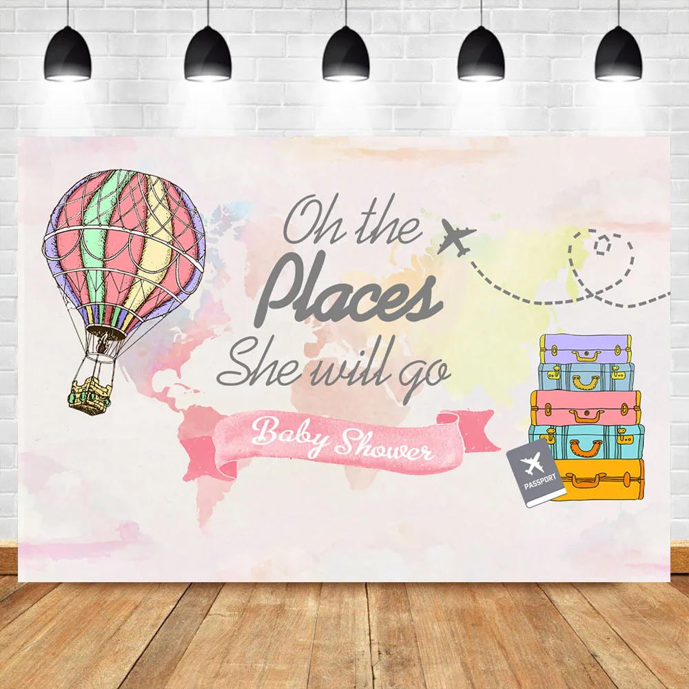 Oh The Places She Will Go Travel Baby Shower Background Photography Airplane Hot Air Balloon Party Decoration Photo Backdrops