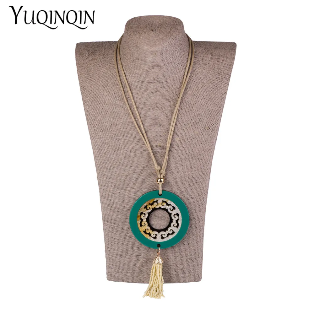 

Vintage Bohemian Acrylic Pendant Tassel Necklaces Women Long Rope Chains Big Circle Geometric Resin Necklace Fashion Jewelry