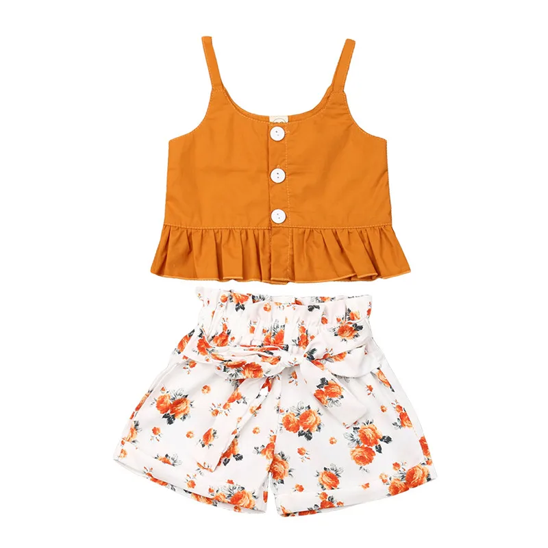 Boho kids/комплекты одежды для маленьких девочек летний комплект из 2 предметов для малышей, топ на бретельках с пуговицами, свободные шорты с цветочным рисунком одежда для маленьких девочек, От 0 до 4 лет
