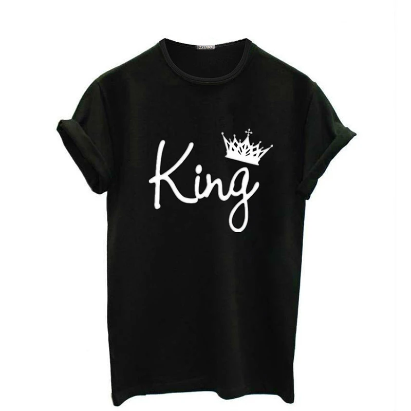 2019 Summer King and Queen Crown Print Couple T-shirt Black Short Sleeve Fashion Casual O-neck Tshirt | Женская одежда