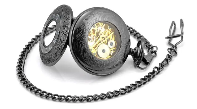 

New fashion Black Roman double show mechanical Men gift flip cowboy chain pocket watches
