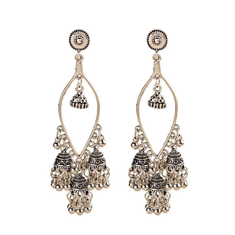 OIQUEI женские индийские серьги Jhumka в стиле бохо,, золотые, серебряные, металлические Большие колокольчики, длинные висячие серьги с кисточками, женские цыганские украшения - Окраска металла: HXE101-2
