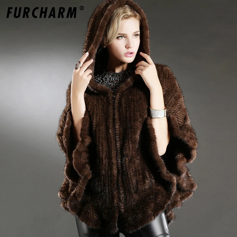 Новинка 2019 натуральная Вязаная Шаль из меха норки пончо с отделкой лисы куртка