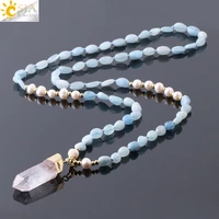 csja boho irregular natural stones pearl necklace knotted rope white crystal drop pendant for women sweater chain necklaces f774