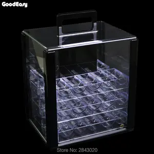 Чемодан с паролем для техасских покерных чипов, 1000 шт., акриловые прозрачные двойные открытые коробочки для монет с 10 лотками для чипов