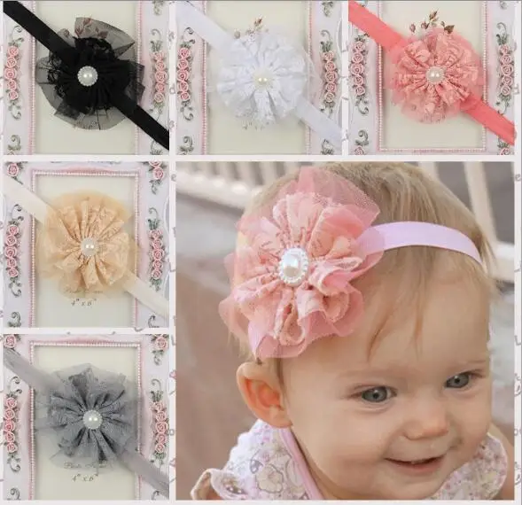 

YH446 Wholesale Hair Accessories Cute Baby Girls Child Pearl Rose Flower Lace Headwear Elastic Headband