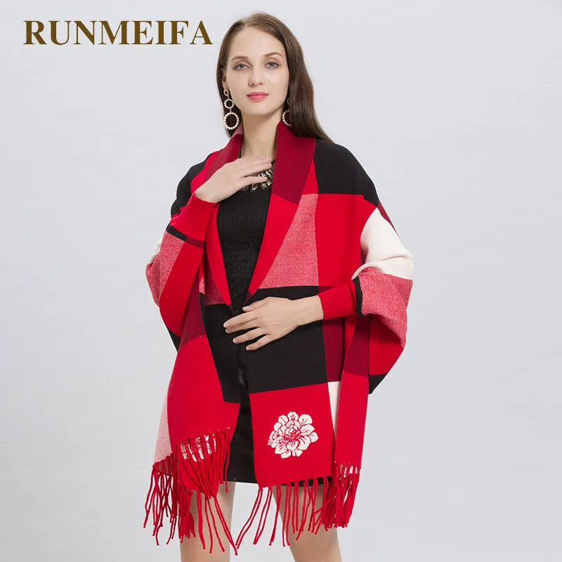 RUNMEIFA стильный Зимний женский большой вязаный кардиган пончо из искусственного