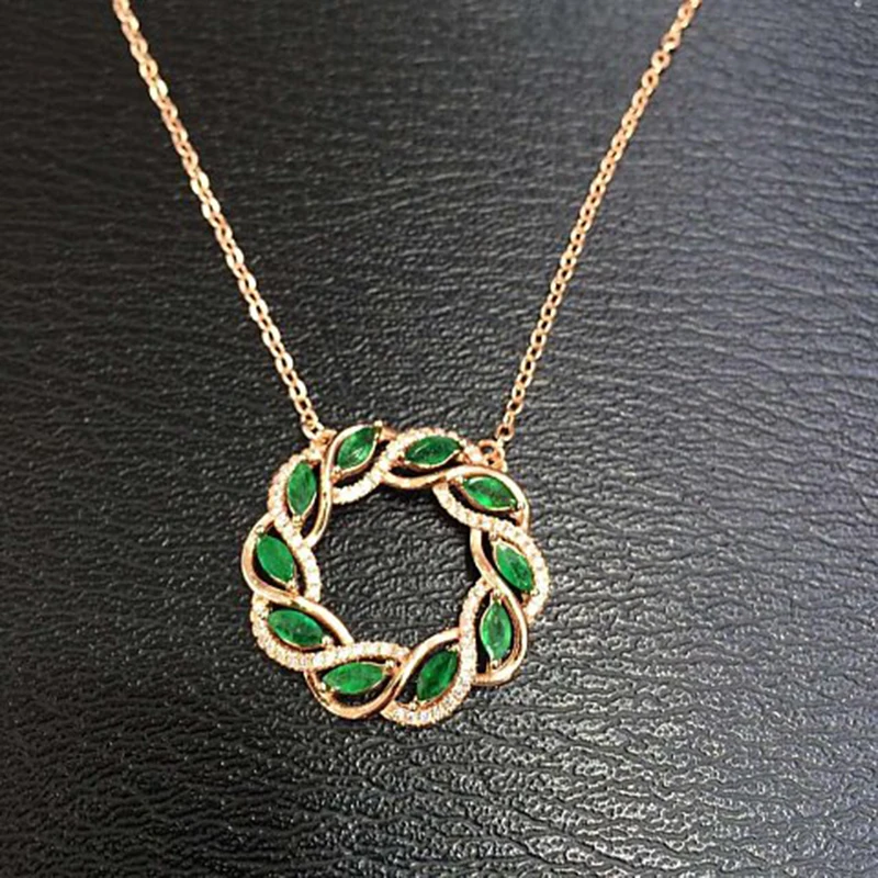 Collares Qi Xuan_Fashion jewelry_colombia Green Stone Round Necklaces_Rose Gold Color Pendant Necklaces_Factory прямые продажи|fashion