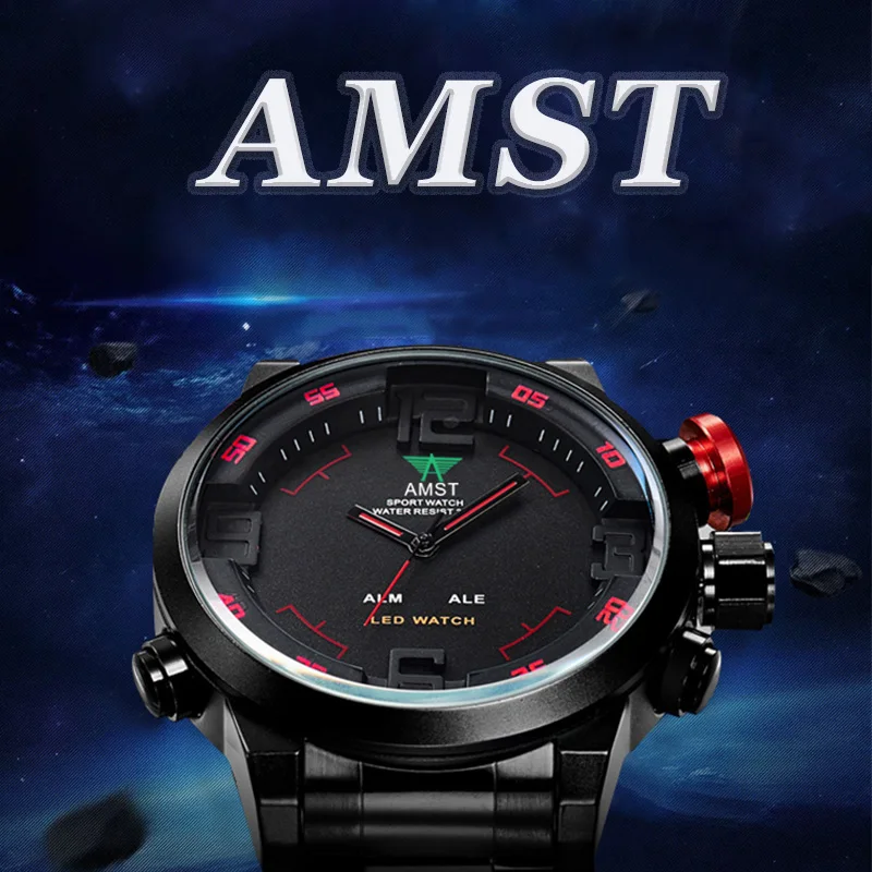 Люксовый бренд AMST мужские G стильные ударные часы светодиодный дисплей военные часы мужские двойной дисплей часы 5 бар водонепроницаемые кварцевые часы