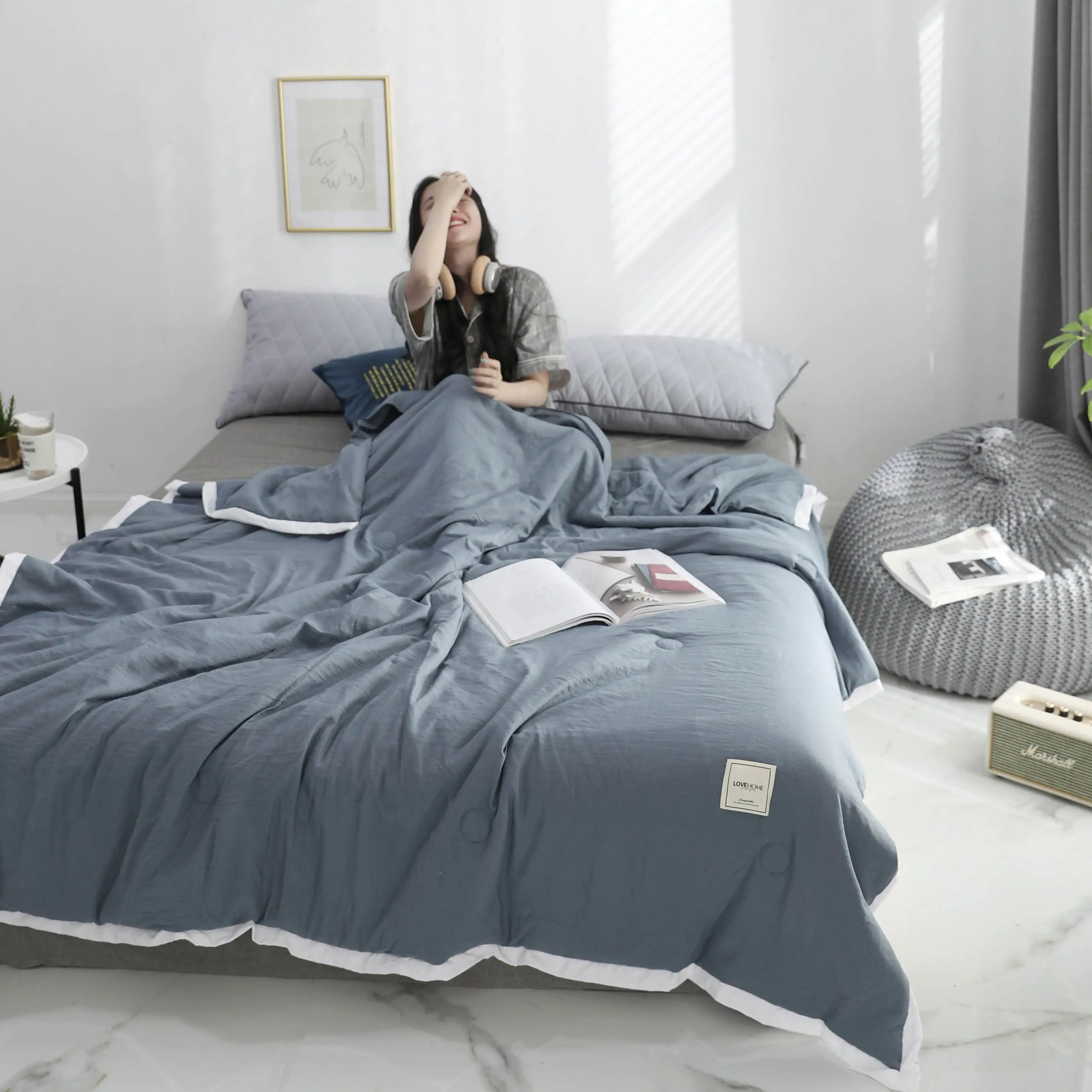 Однотонное голубое покрывало летнее одеяло тенсель для кровати стеганое