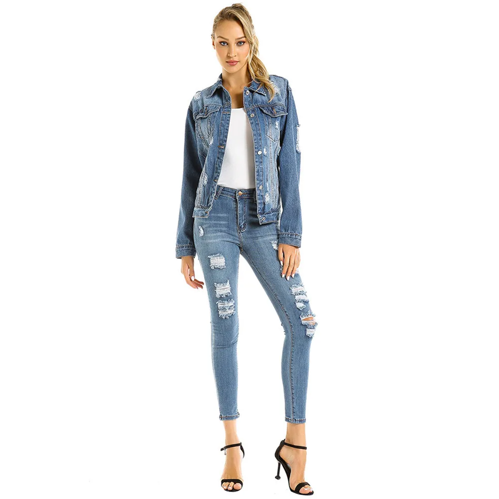 Женская рваная Повседневная стрейчевая куртка на пуговицах джинсовая с длинным