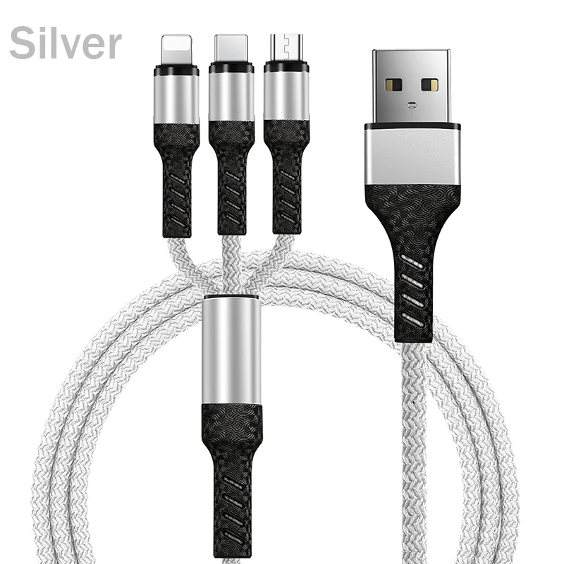 Silver ROCK 3 в 1 USB кабель для iPhone XS X 8 7 6s зарядное устройство type-C Micro USB кабель для Android usb type C кабели для мобильных телефонов - Цвет: Silver