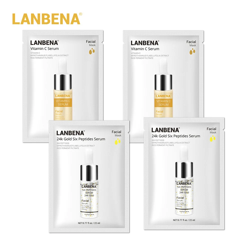 3 LANBENA маска для лица уход за лицом сыворотка с гиалуроновой кислотой, маска для лица+ 24 К золота, шесть пептидов+ витамин С+ черника, против морщин, маска для лица, уход за лицом, 4 шт - Цвет: 3
