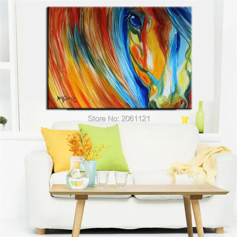 

Hand Painted horse Canvas Wall Art orange blue Oil Painting colorful designed Modern Abstract animal Picture for Living Room