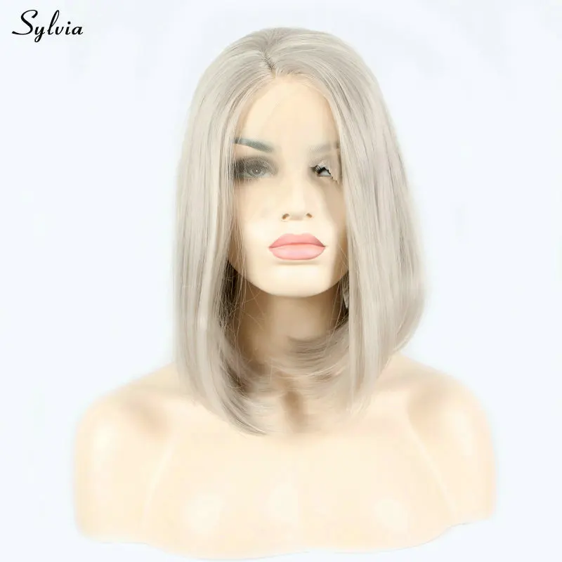 Платиновая блондинка Sylvia 1" Платиновый короткий боб синтетический передний парик бежевый цвет прямые женские Замена мягкие волосы длина плеча без клея - Цвет: Платиновая блондинка