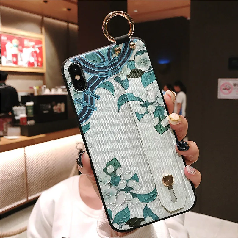 IK21-08WDQiPaoQin SoCouple ремешок на запястье Мягкий ТПУ чехол для iphone X Xs max XR 11 Pro Max чехол для iphone 6 6s 7 8 plus цветочный держатель для телефона чехол - Цвет: IK21-08WDQiPaoQin
