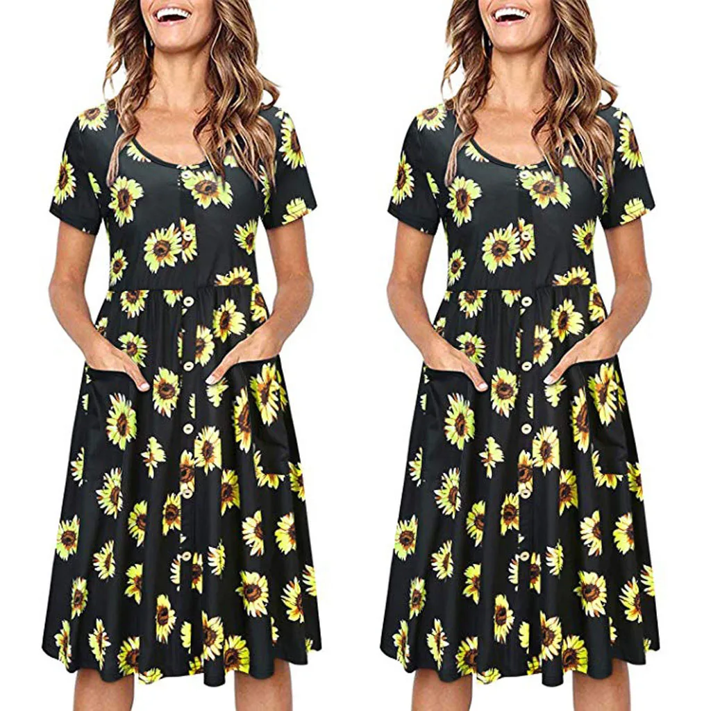 Женское платье с коротким рукавом подсолнухом и v образным вырезом на пуговицах