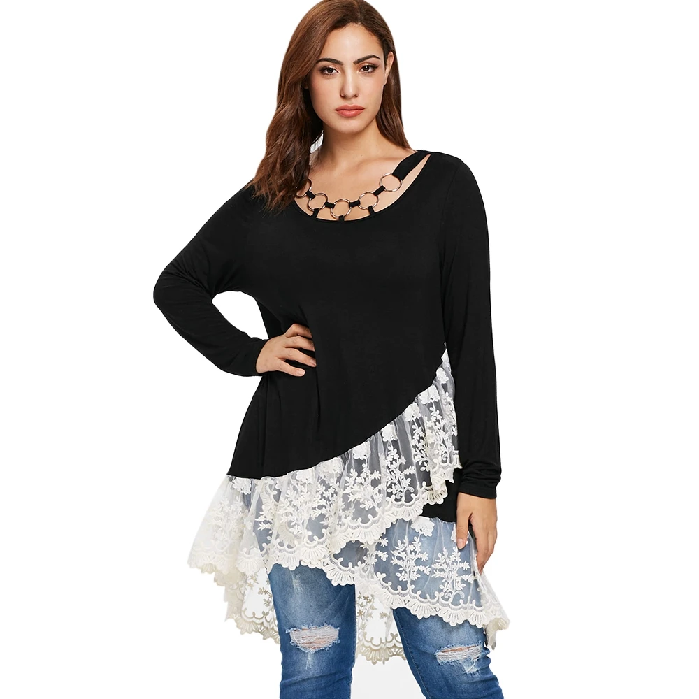 Асимметричная Лоскутная Кружевная футболка Женские топы с длинными рукавами