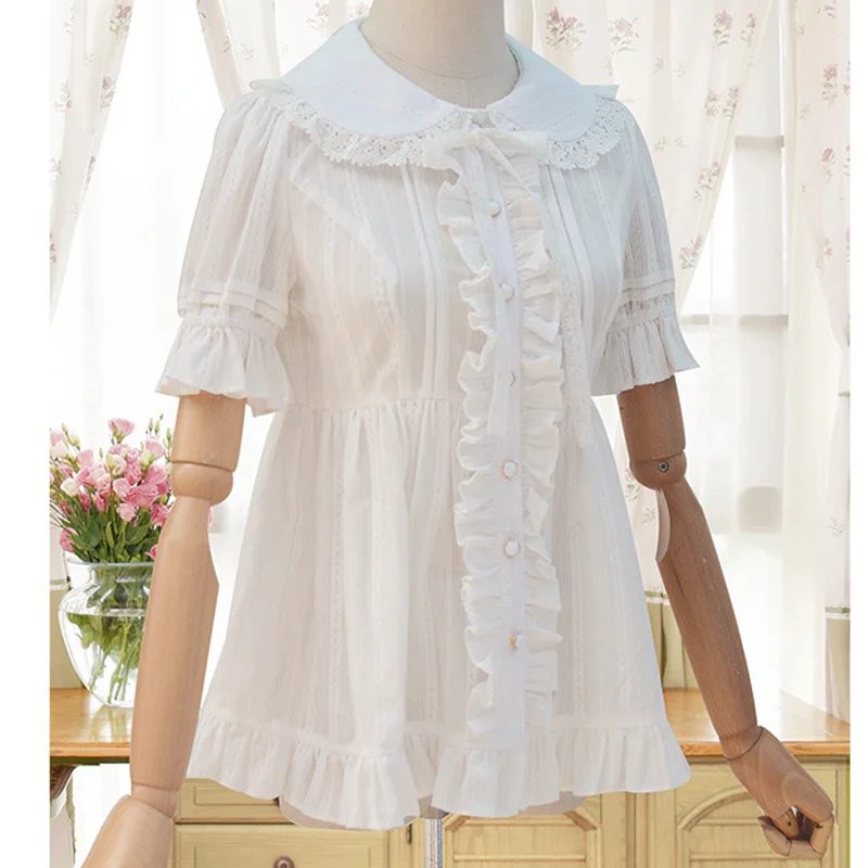 Белая хлопковая блузка с воротником Питер Пэн высокой талией короткими