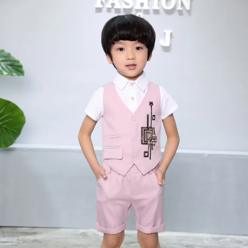 

2PCS Children Summer Suit Sets Boys Sequins Party Performance Clothing Sets Kids Gentlemen Vest Pants Costume