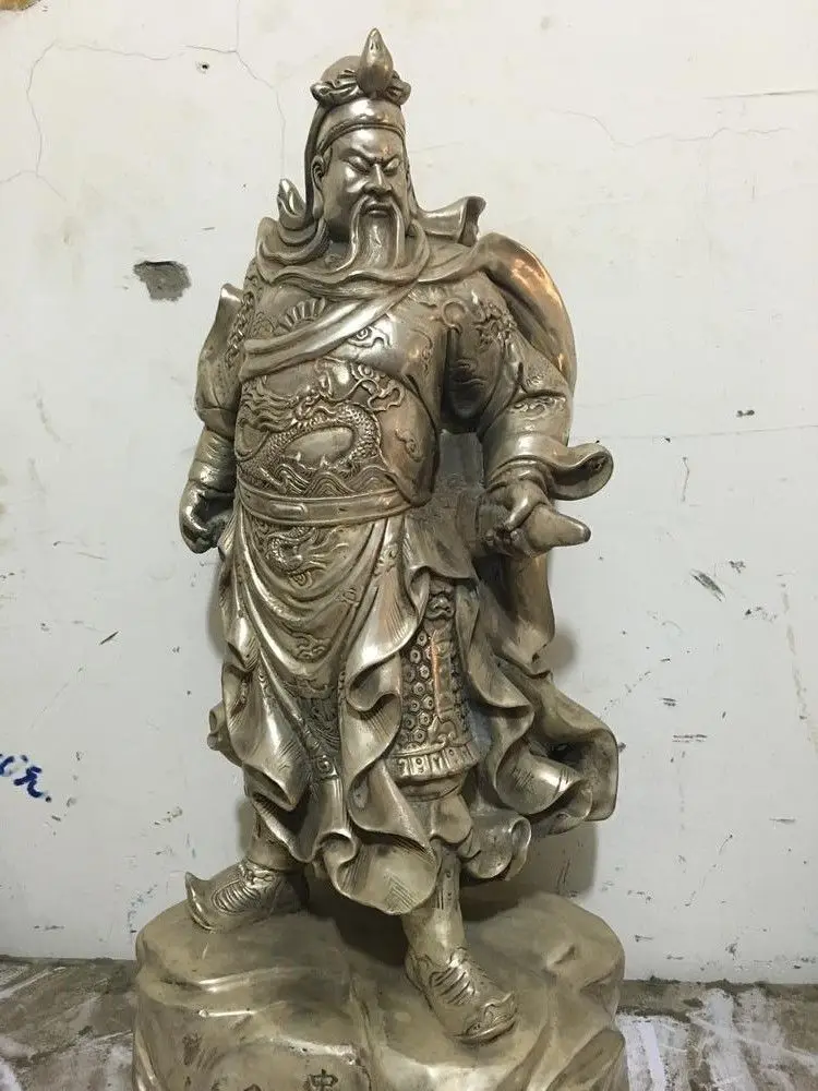15&quot Chinese Folk Silver carved Dragon Kuan Kung Guan Gong GuanYu warrior statue | Дом и сад