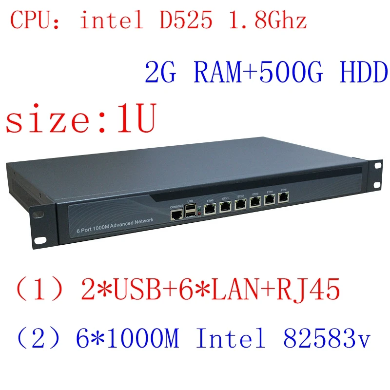 1U Atom сервер/брандмауэр Сетевая безопасность D525 6 lan * intel PCI E 1000M 82583v Lan 2G RAM 500G HDD|atom