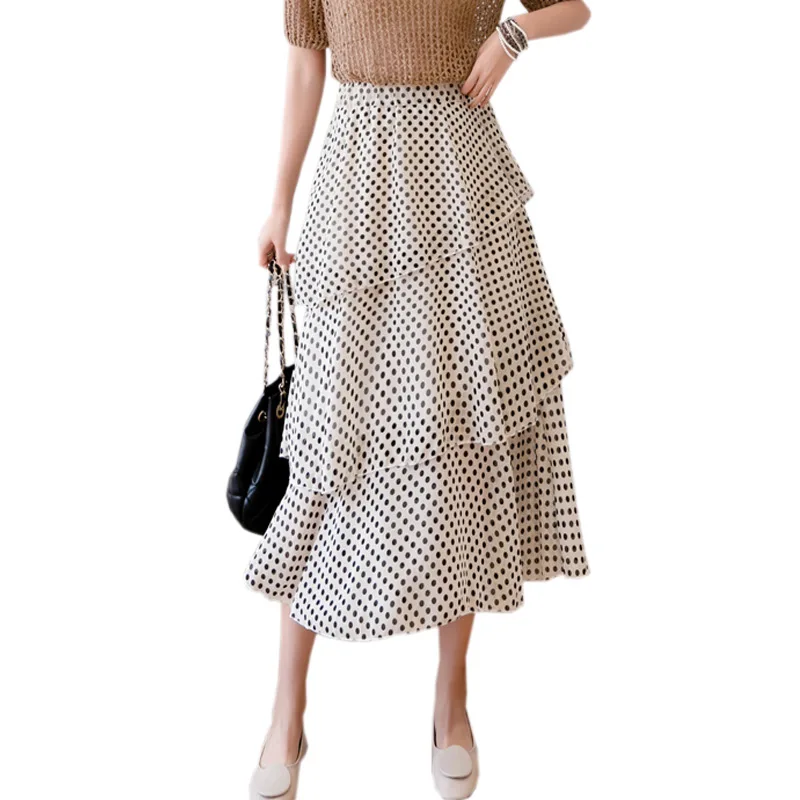 Женская шифоновая юбка в горошек черная или бежевая элегантная повседневная с