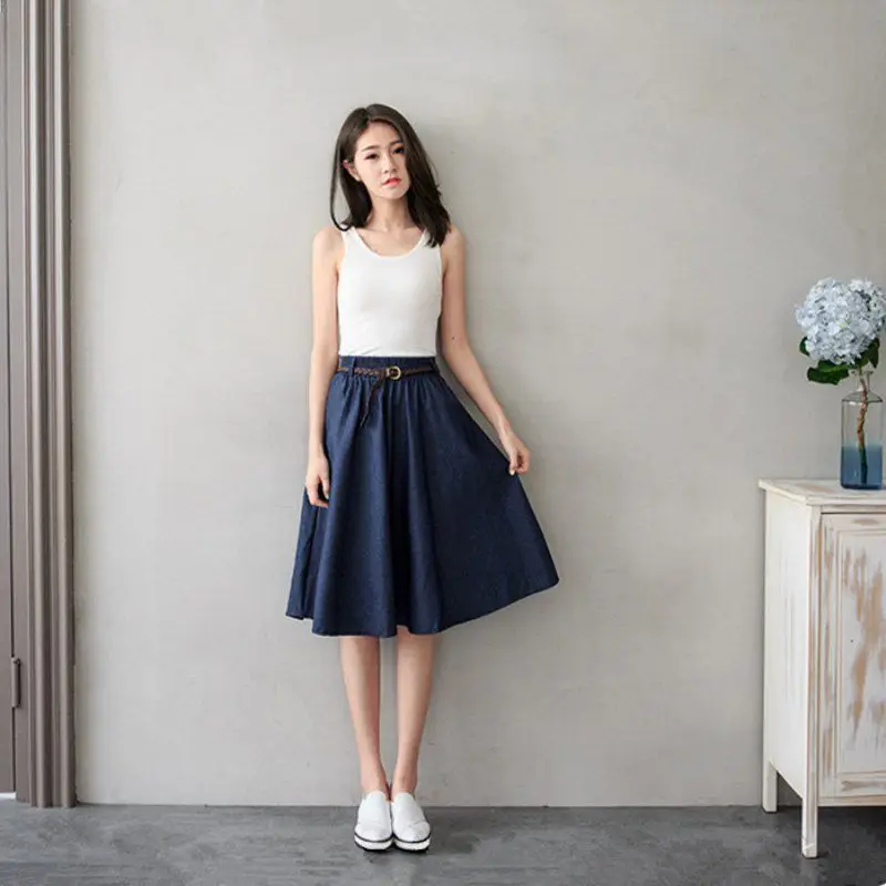 Женская джинсовая юбка средней длины с высокой эластичной талией плиссированная