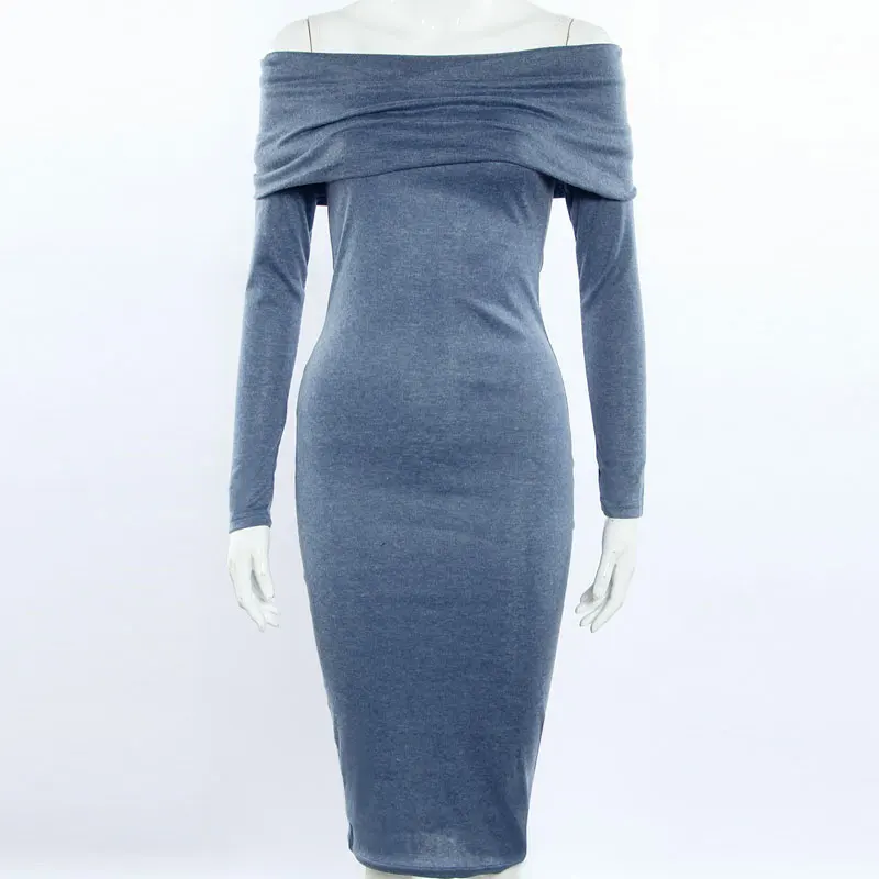 Платье JYConline женское вязанное с открытыми плечами по фигуре|slash neck|warm dresssweater dress |
