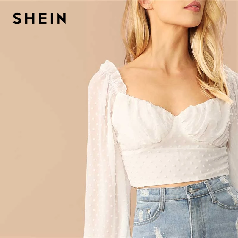 SHEIN Топ С Оригинальным Рукавом И Оборками Женская Весенняя Белая Романтическая Блузка С Длинными Рукавами