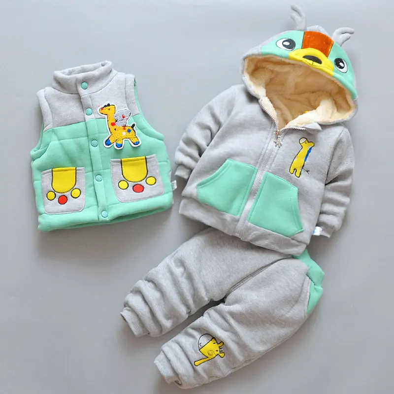 3Pcs Baby girls Clothing Set winter Newborn kids Thick Cotton-Padded Clothes for Boys Girls 0-3Y Hooded Vest Coat Tops Pant | Детская