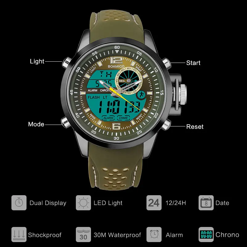 Мужские спортивные часы марки BOAMIGO кварцевые светодиодные аналогово-Цифровые 30M