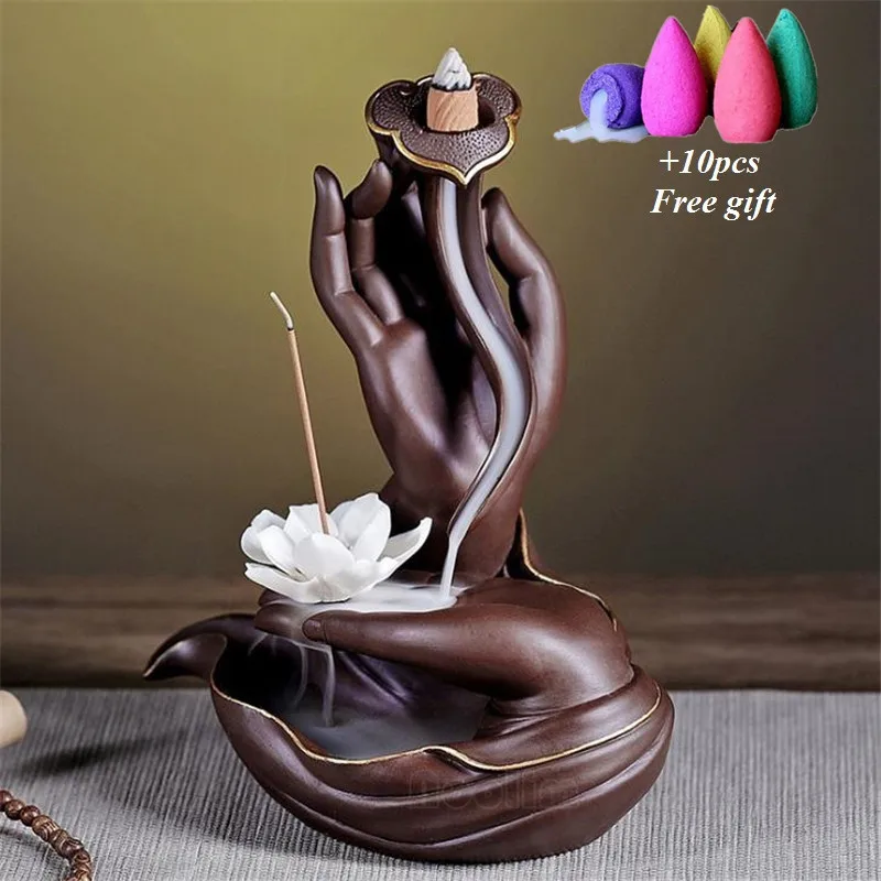 With 10pcs cones Фиолетовая глина руки Будды дым курильница для благовоний горелка домашний декор кадильница для ароматерапии ремесло украшения водопад курильница - Цвет: With 10pcs cones