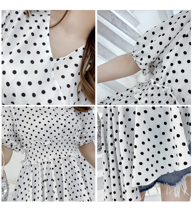 Женская Асимметричная блузка в горошек облегающая с коротким рукавом v-образным