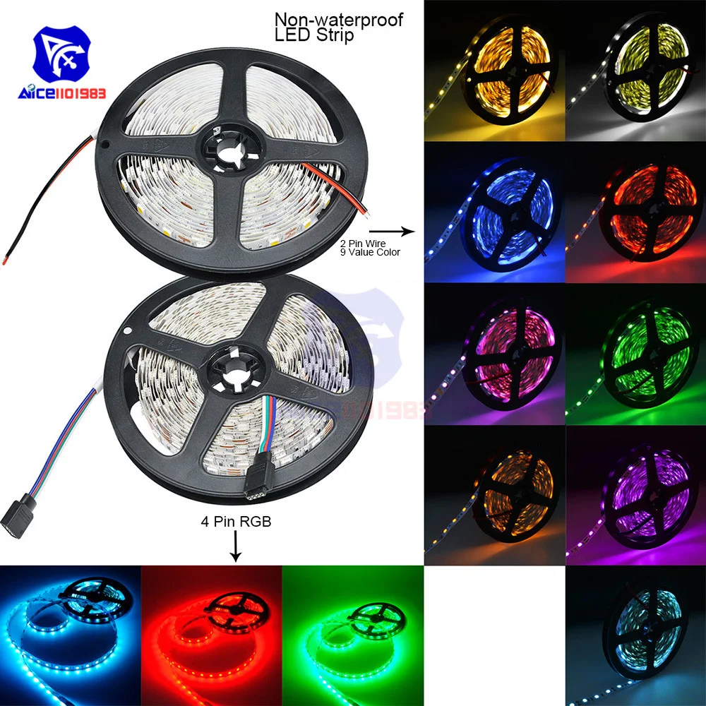 

Non-Waterproof LED Strip 16.4ft 5M SMD 5050 300 LEDs RGB Changing Flexible LED Light Strip 9 Value Color LED Tape Strip 12V