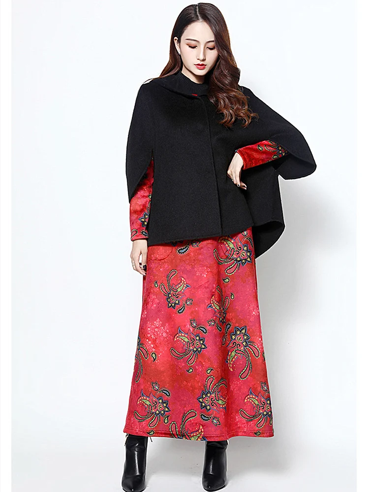 

National Style Autumn Winter New Women Dress Print Warm Thickening Plus Velvet Temperament Long Paragraph Loose Large Size Dress