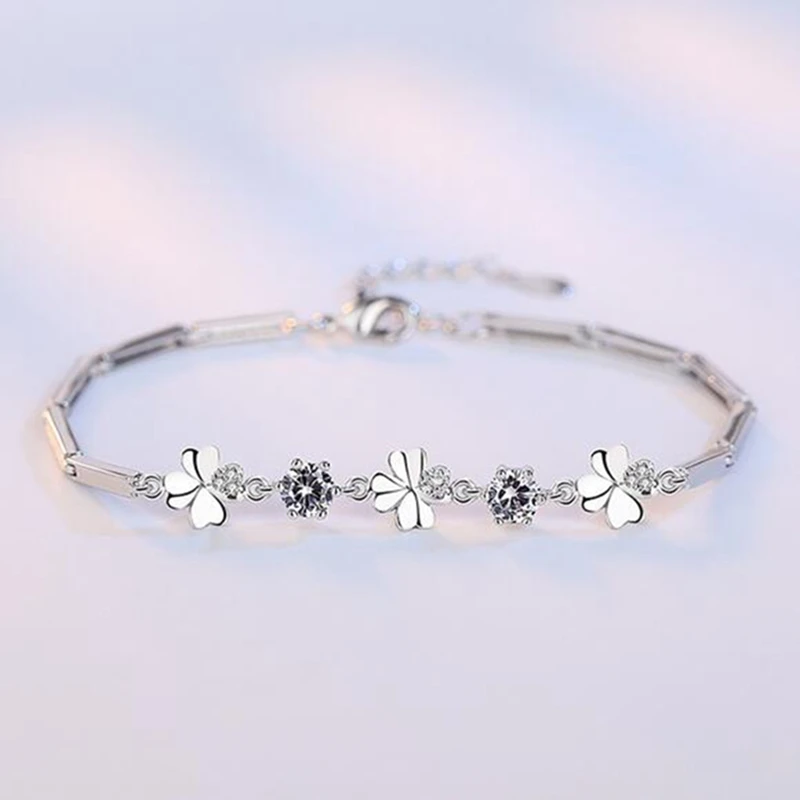 AAA Zircon OMHXZJ сердце Мода OL женщина девушка свадебный подарок вращающиеся Цветы Листья белый фиолетовый 925 серебряный браслет SZ88 - Цвет камня: AAA Zircon